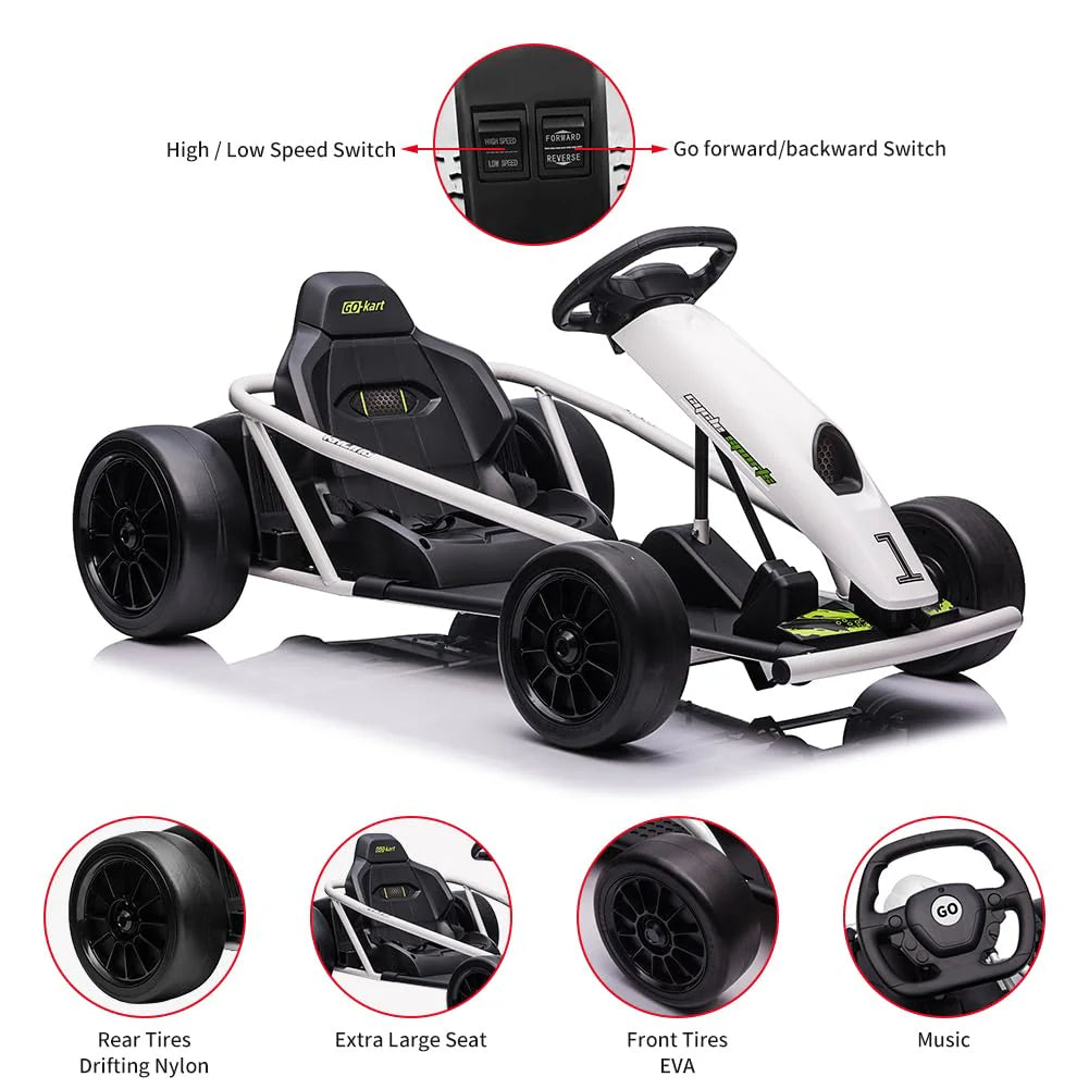 24V Go Kart for Kids 8-12, 300W*2 Motors, 9Ah Battery, 8MPH Speed, Music, Horn, 175lbs Max Load – White