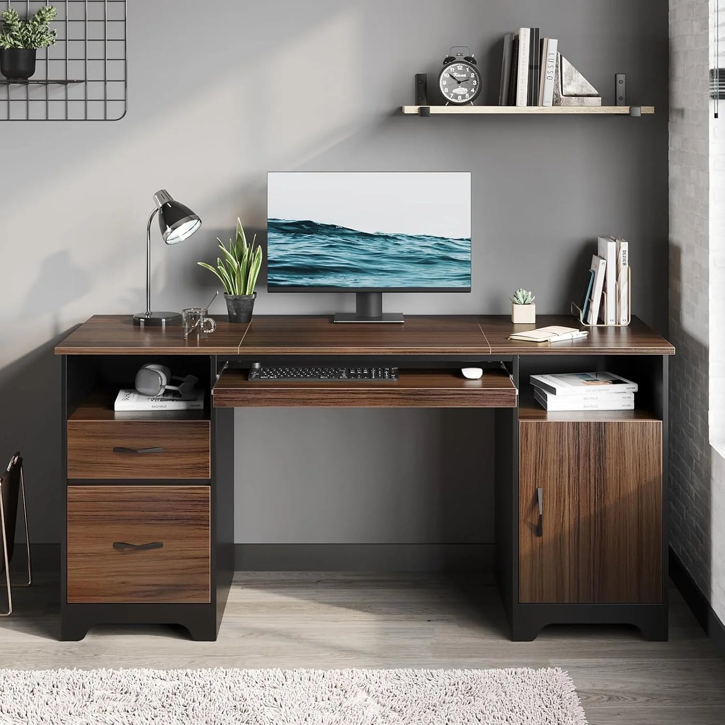 59�� Executive Desk with 2 Drawers, Computer Desk with Storage Cabinet, Industrial Wood Desk with File Drawer, Keyboard Tray & 2 Pedestals for Home Office & Studio, Gray