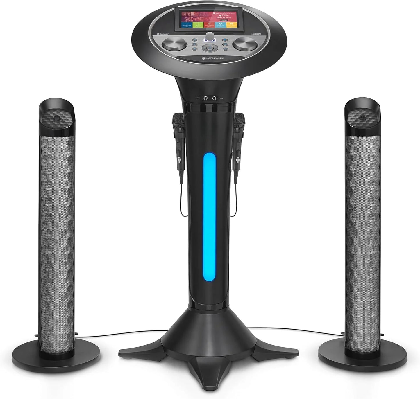 Portable WiFi Karaoke Machine for Adults �� Black Pedestal with 7�� Touchscreen, Built-In Speaker, Bluetooth, Recorder & 2 Wired Microphones