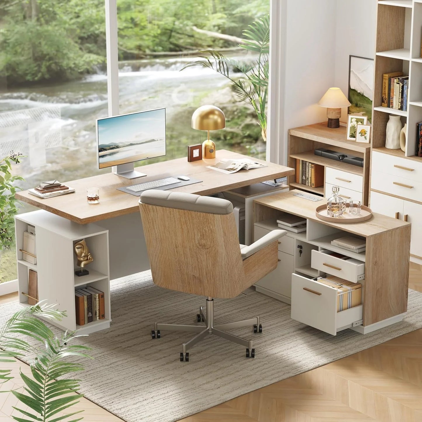 70" Standing Desk with 2 File Cabinet, AC/USB, 1.18" Desktop, L Shaped Height Adjustable Desk, Electric Furniture Set with Multiple Functions for Home and Office, Light Walnut