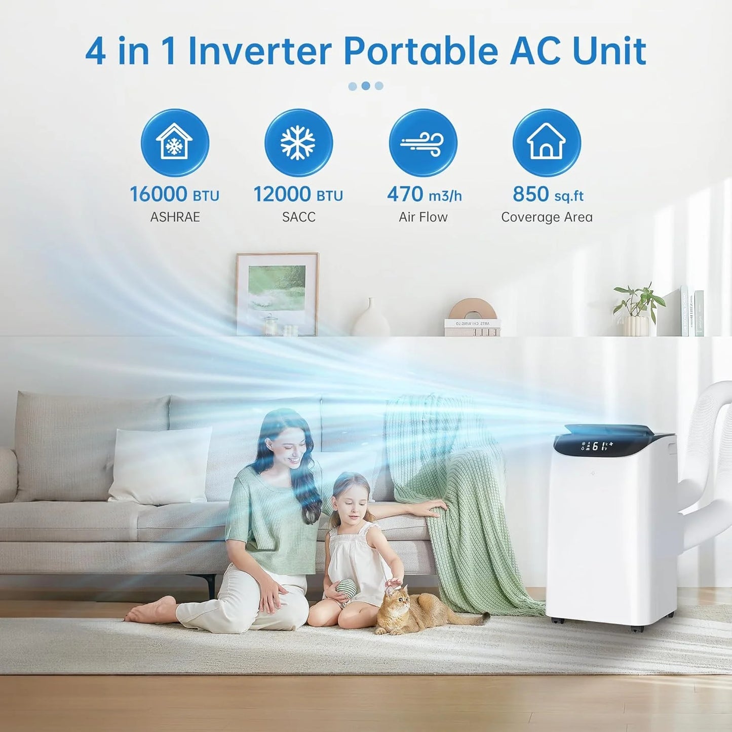 Portable Air Conditioner Cools Up to 700 Sq.Ft, 3-IN-1 Energy Efficient Portable AC Unit with Remote Control & Installation Kits for Large Room, Campervan, Office, Temporary Space