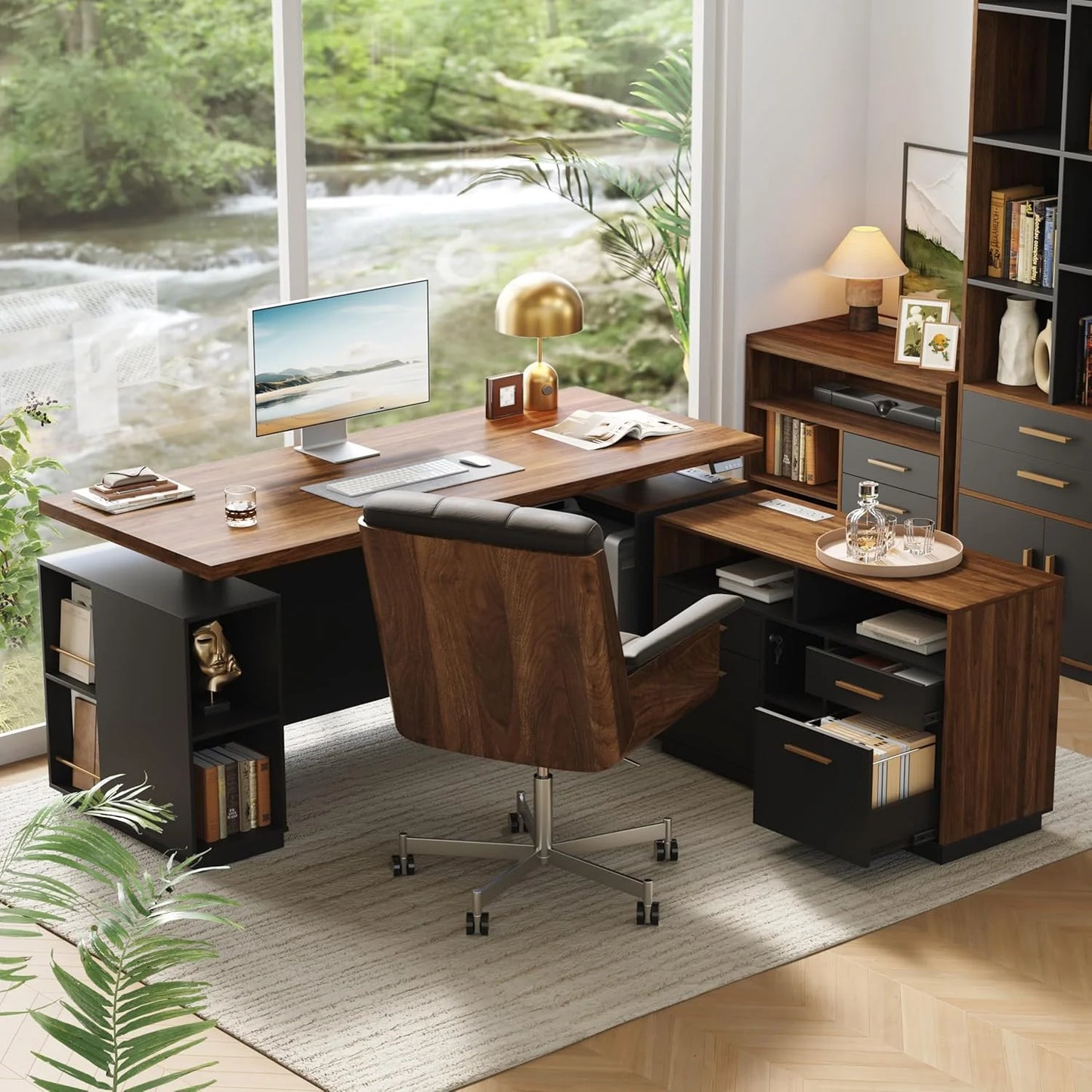 70" Standing Desk with 2 File Cabinet, AC/USB, 1.18" Desktop, L Shaped Height Adjustable Desk, Electric Furniture Set with Multiple Functions for Home and Office, Light Walnut
