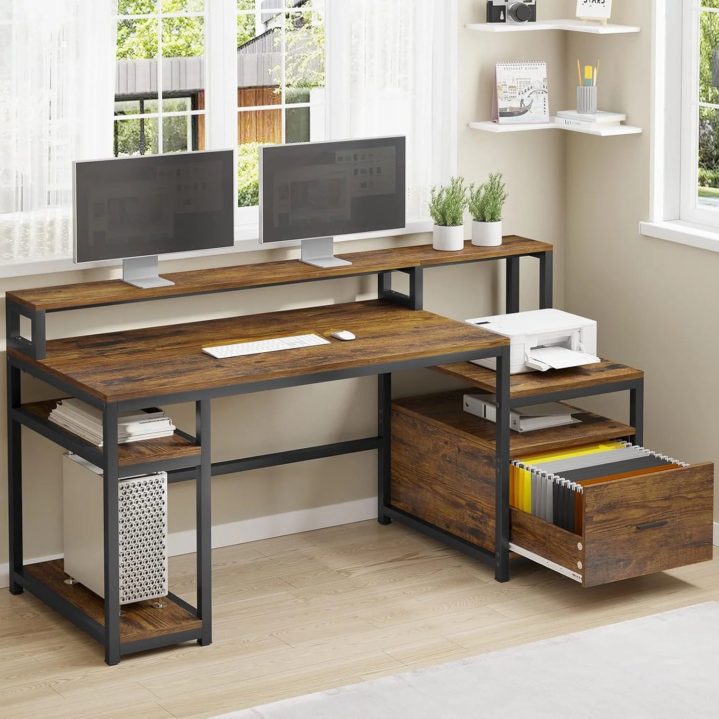 White Computer Desk with 5 Drawer & Power Outlet, 66'' Home Office Desk with File Drawer, Storage Shelves, Printer Cabinet and Monitor Shelf, Gaming Desk with Led Lights