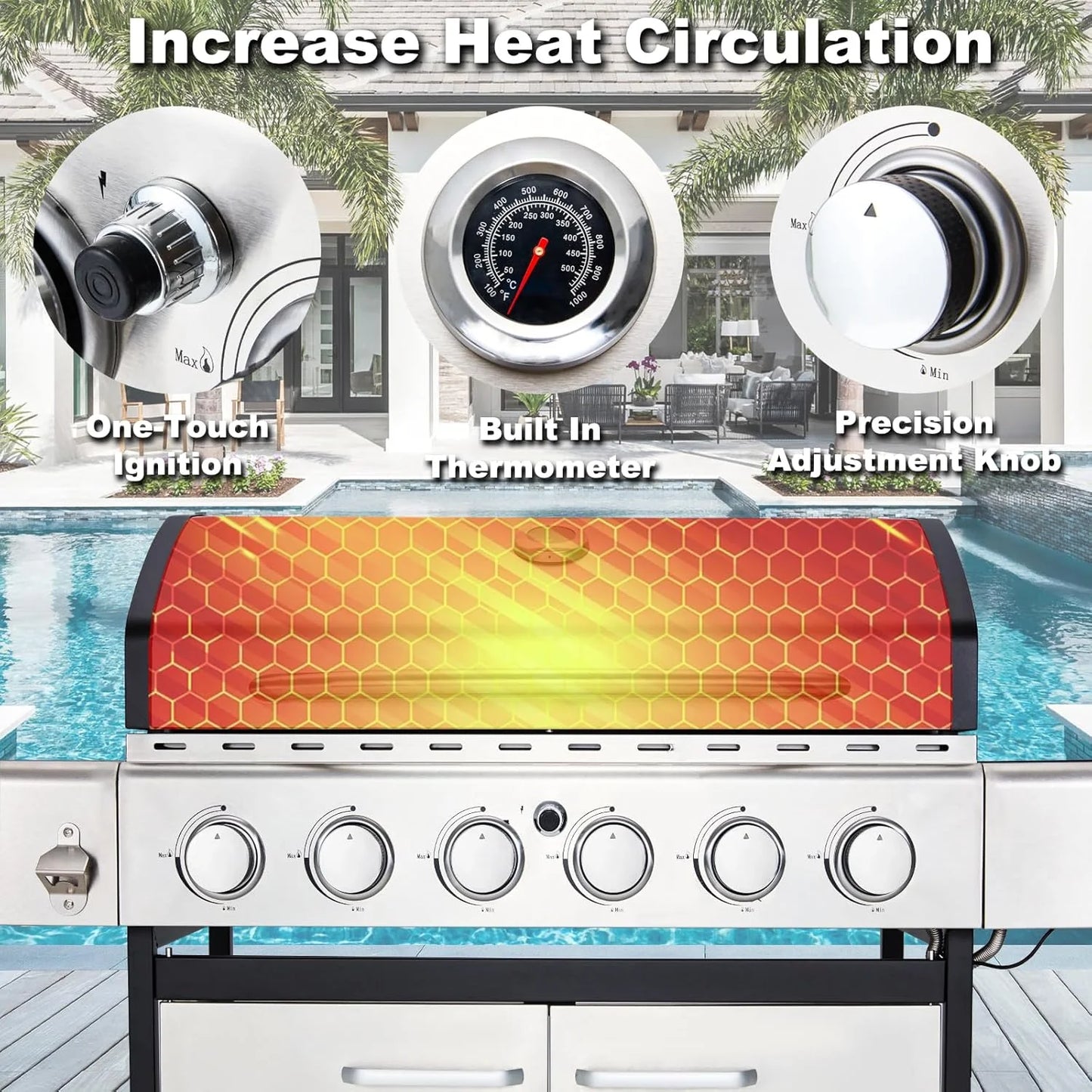 Upgraded 4 Burner BBQ Propane Gas Grill with Cast Iron Grates & Side Stove, 44,000 BTU Stainless Steel Burner Barbecue Grill for Patio, Camping, Outdoor Cooking.