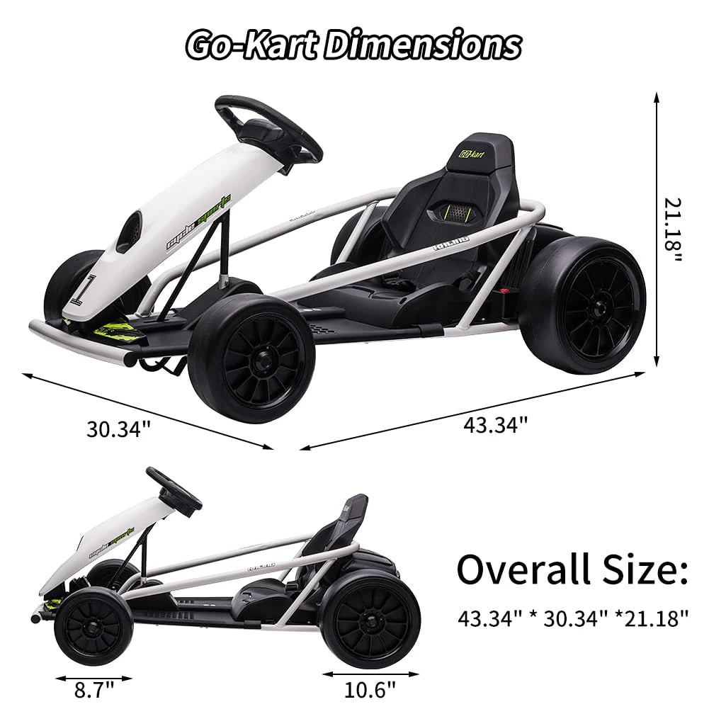 24V Go Kart for Kids 8-12, 300W*2 Motors, 9Ah Battery, 8MPH Speed, Music, Horn, 175lbs Max Load – White