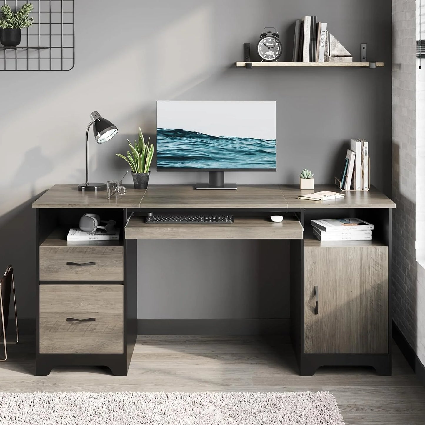 59�� Executive Desk with 2 Drawers, Computer Desk with Storage Cabinet, Industrial Wood Desk with File Drawer, Keyboard Tray & 2 Pedestals for Home Office & Studio, Gray
