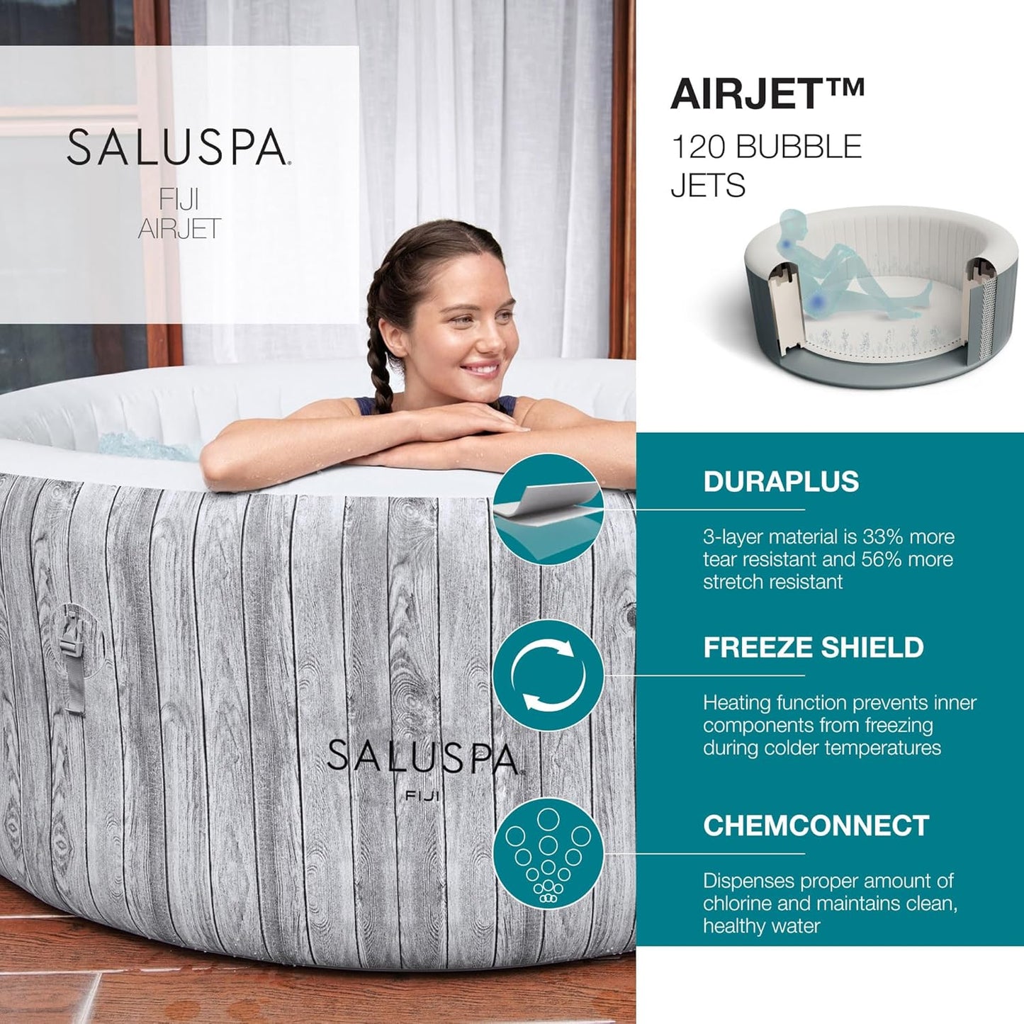 Large Round 2 to 4 Person Inflatable Hot Tub Portable Outdoor Spa with 120 AirJets and EnergySense Cover, Grey