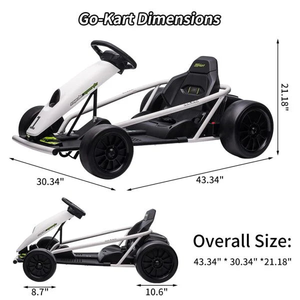 24V Go Kart for Kids 8-12, 300W*2 Motors, 9Ah Battery, 8MPH Speed, Music, Horn, 175lbs Max Load – White