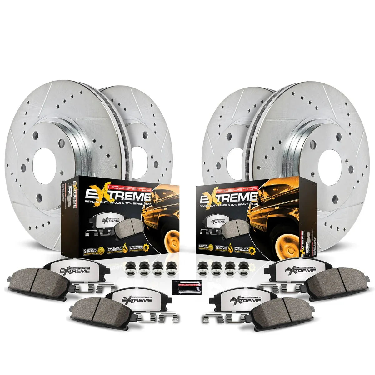 Powerstop Front Z36 Truck Carbon-Fiber Ceramic Brake Pad and Drilled & Slotted Rotor Kit.