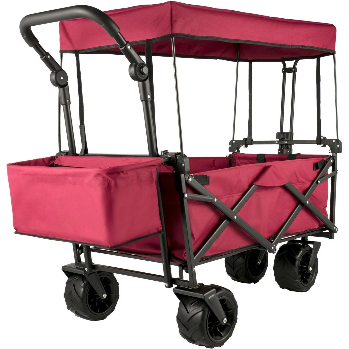 Red Collapsible Wagon Cart with Canopy, 360掳 Wheels, Adjustable Handles, 220 lbs Capacity for Beach & Garden