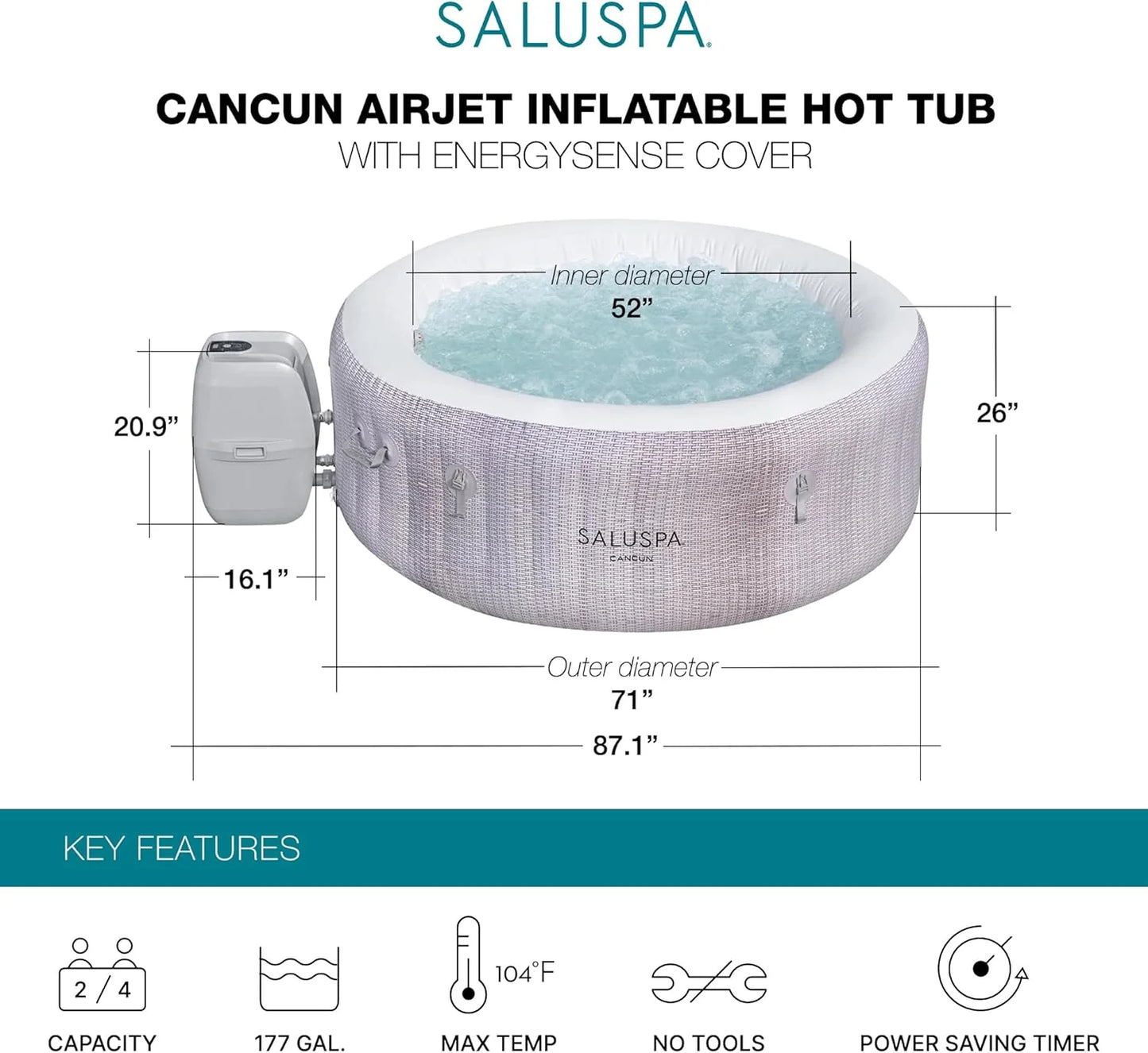 Large Round 2 to 4 Person Inflatable Hot Tub Portable Outdoor Spa with 120 AirJets and EnergySense Cover, Grey